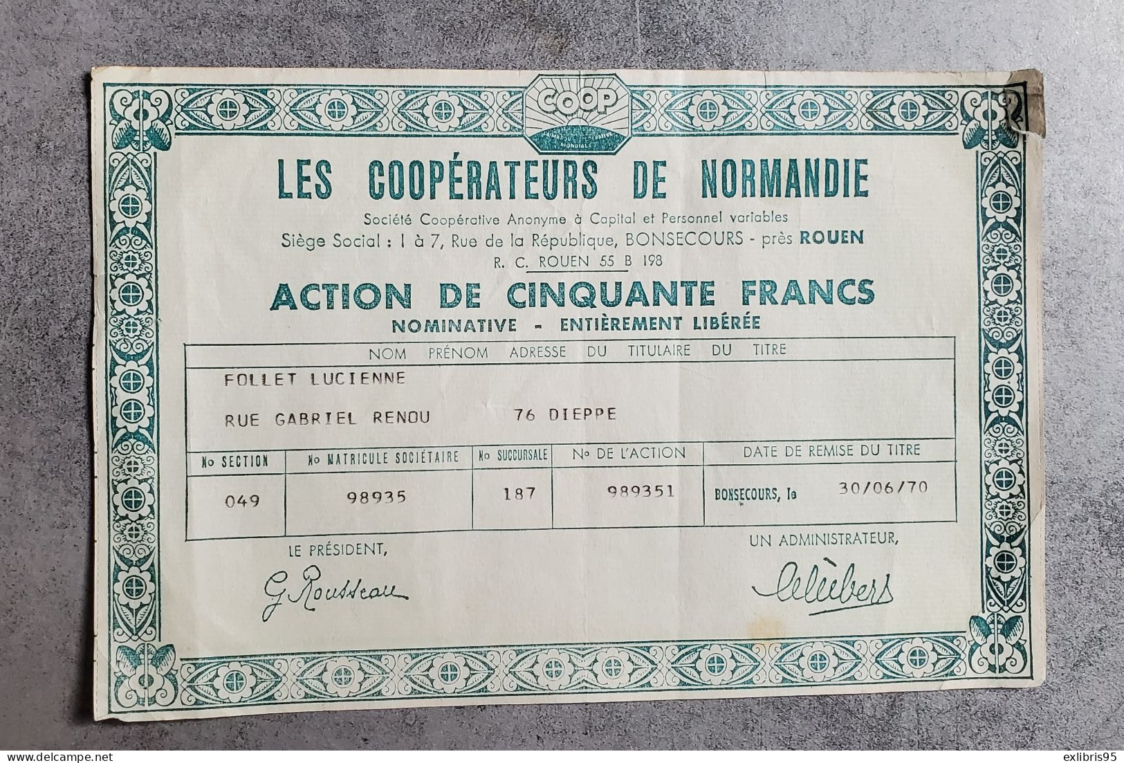 Action De 50 Francs Le S Coopérateurs De Normandie - Andere & Zonder Classificatie