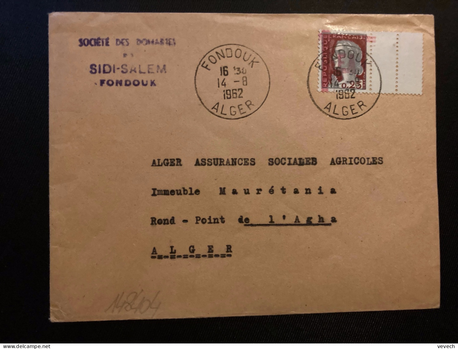 LETTRE TP M DE DECARIS 0,25 Surch. EA ROUGE OBL.14-8 1962 FONDOUK ALGER - Lettres & Documents
