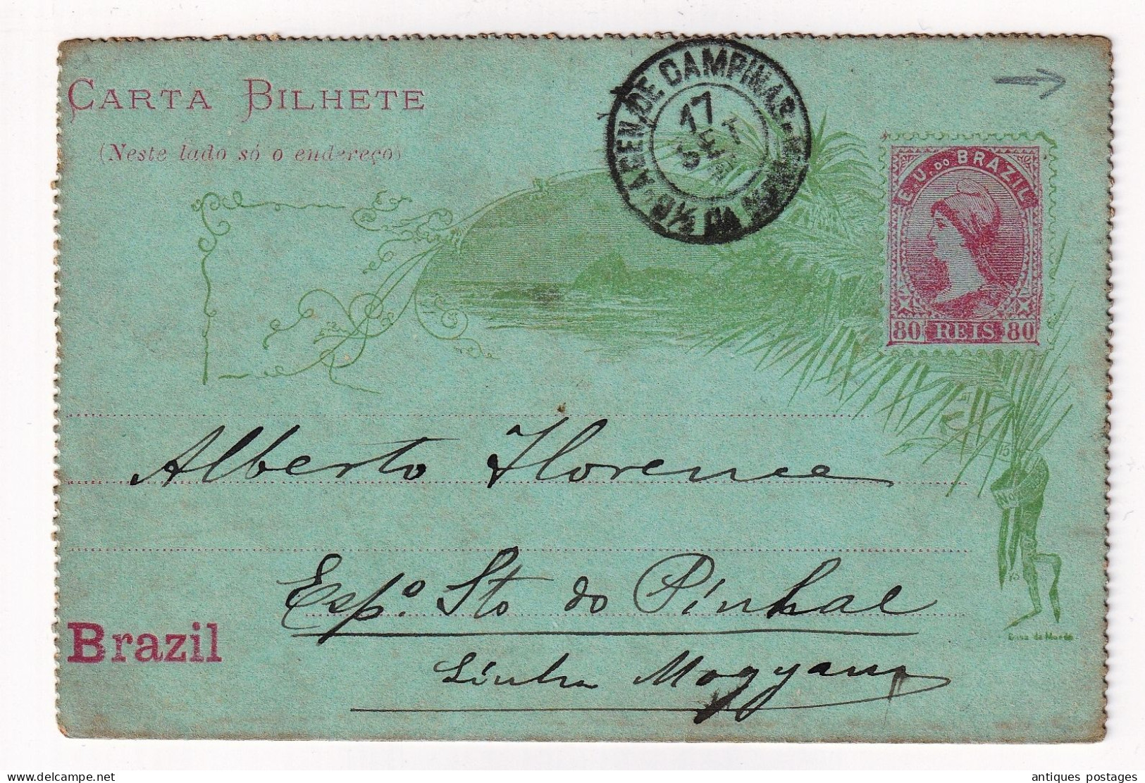 Carta Bilhete 1891 Campinas Brasil Brésil Brazil Casa Da Moeda Pinhal Postal Stationery - Enteros Postales