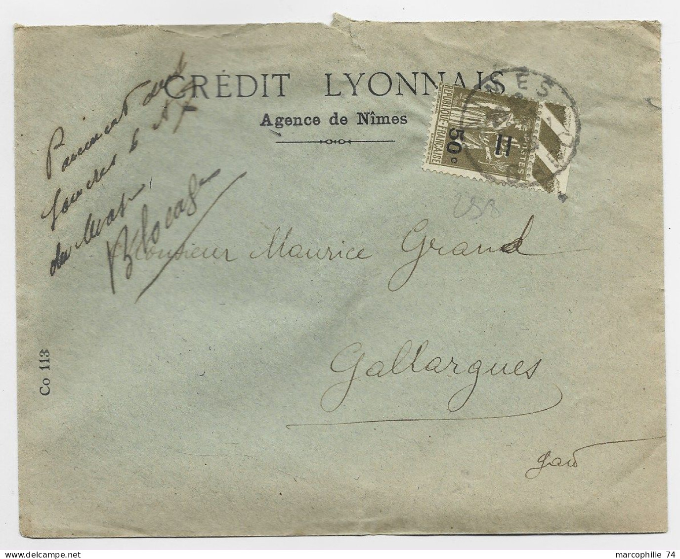 PAIX N° 298  BDF PERFORE C.L.  SEUL LETTRE CREDIT LYONNAIS AGENCE DE NIMES 1935 GARD - Cartas & Documentos