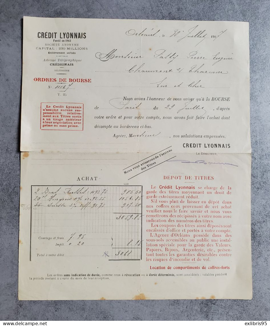 Ordres De Bourse Du Crédit Lyonnais  1907 - Andere & Zonder Classificatie