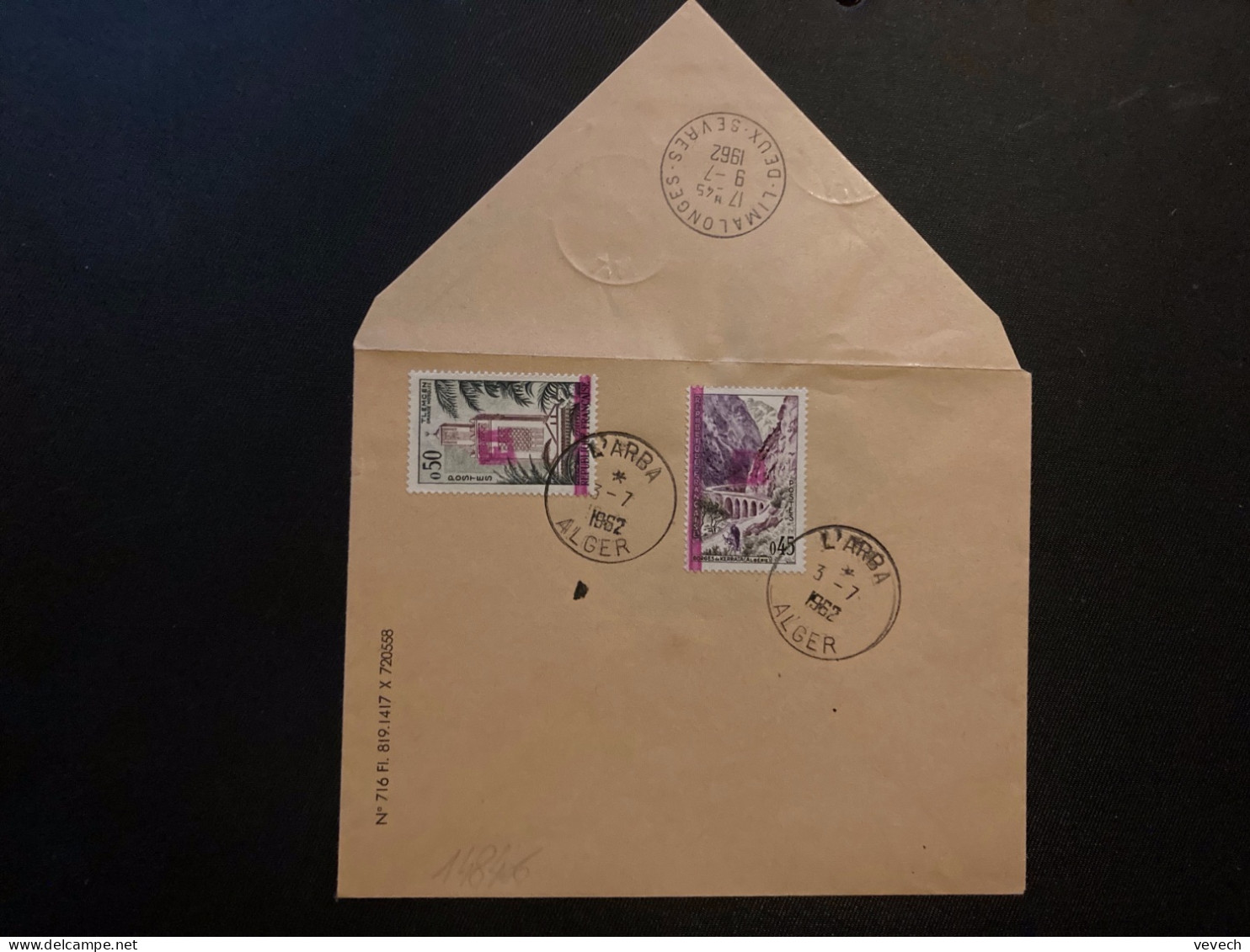 LETTRE TP TLEMCEN 0,50 + KERRATA 0,45 Surch.EA Violette OBL.3-7 1962 L'ARBA ALGER + Arrivée LIMALONGES DEUX-SEVRES (79) - Storia Postale