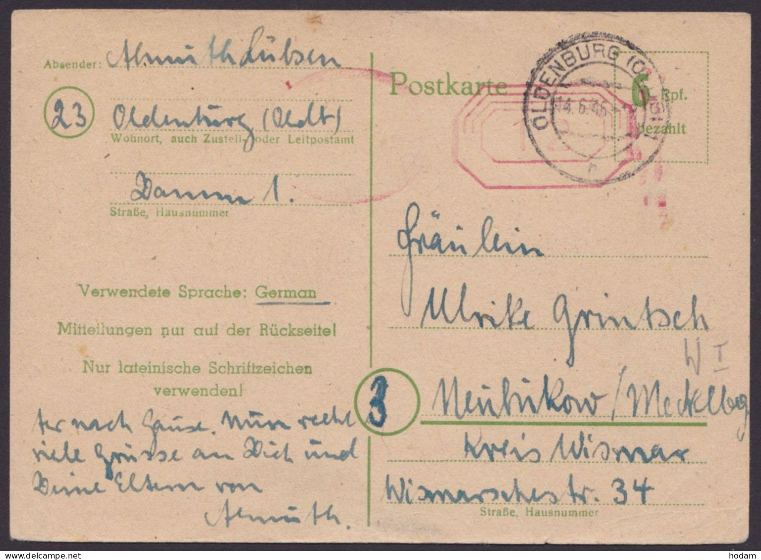 Oldenburg: PB 01 I, O, Gelaufene Bedarfskarte, 14.6.46 - Briefe U. Dokumente