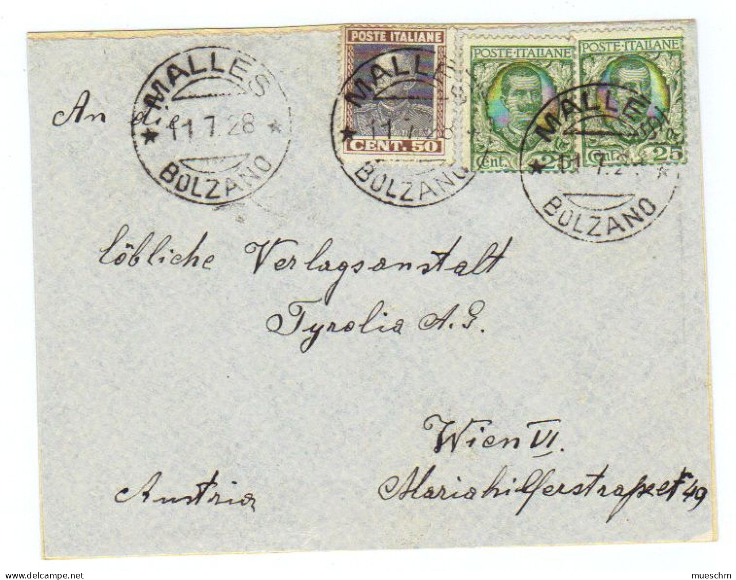 Italien, 1928, Kuvert-Vorderseite Frankiert Mit MiNr.240x2 + 263, Stempel "Malles-Bolzano" (10095W) - Afgestempeld