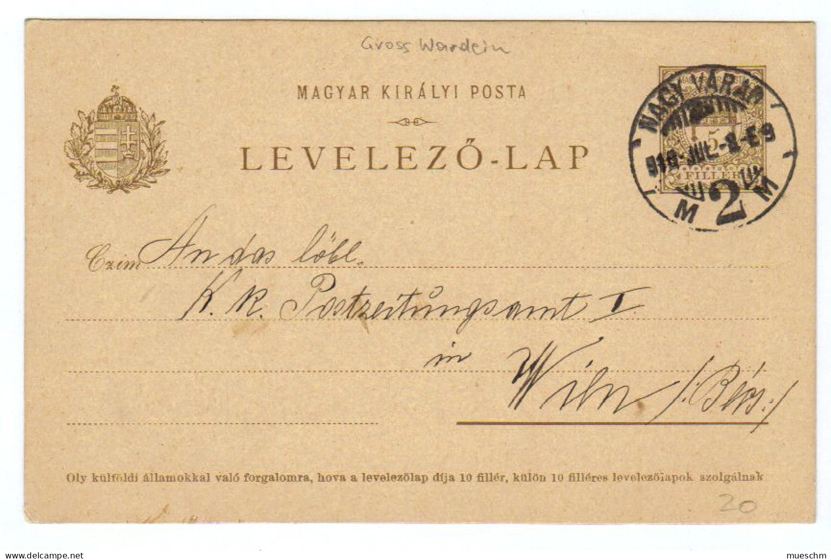 Ungarn,1910, Postkarte Nach Wien Mit Eingedr. Frankatur; Auf Textseite Stempel "K.u.K. Infanterieregiment (10097W) - Entiers Postaux