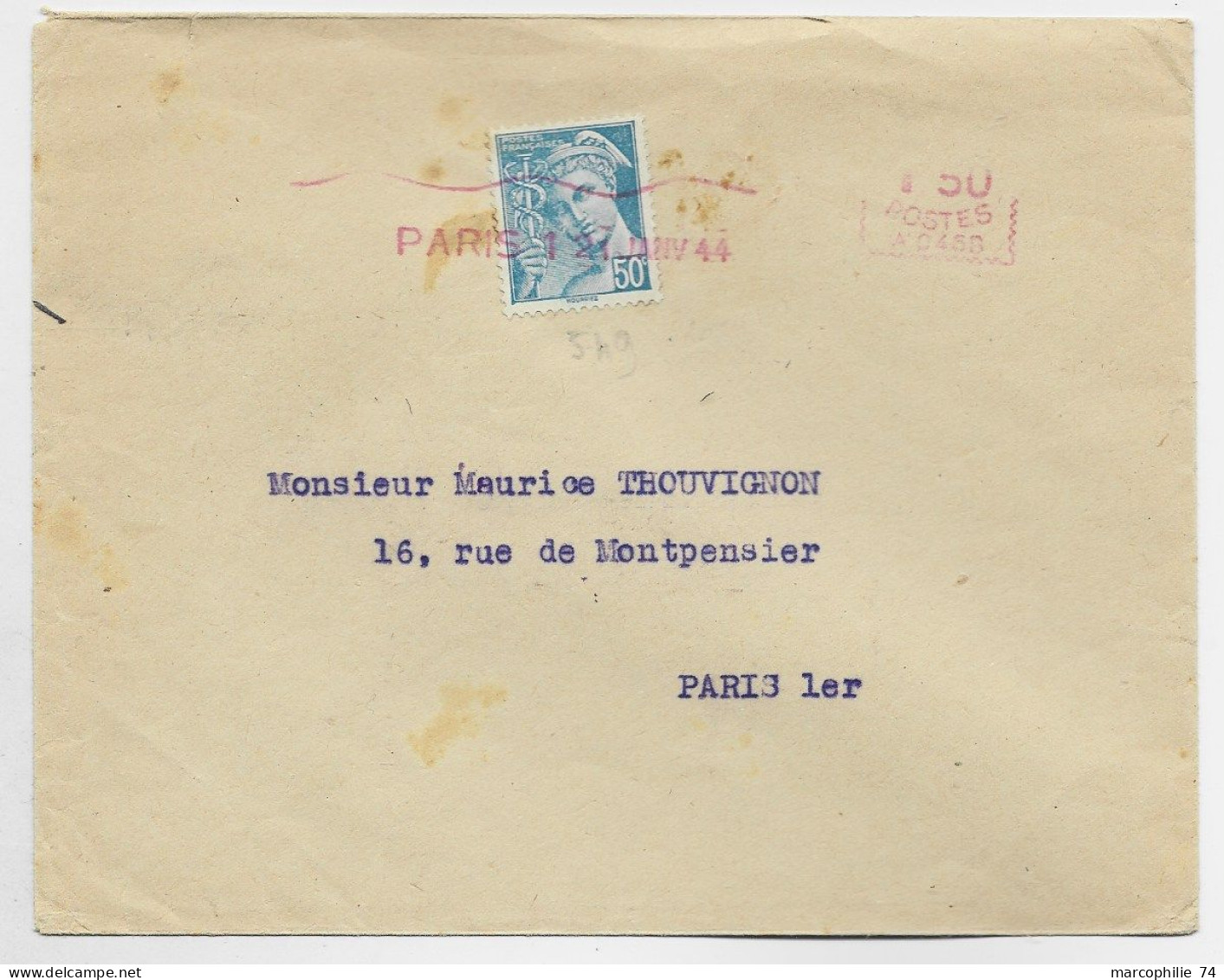 FRANCE MERCURE 50C N°549 OBL EMA 1FR50 A 456 PARIS 1 21 JANV 1944 AU TARIF - 1938-42 Mercurius