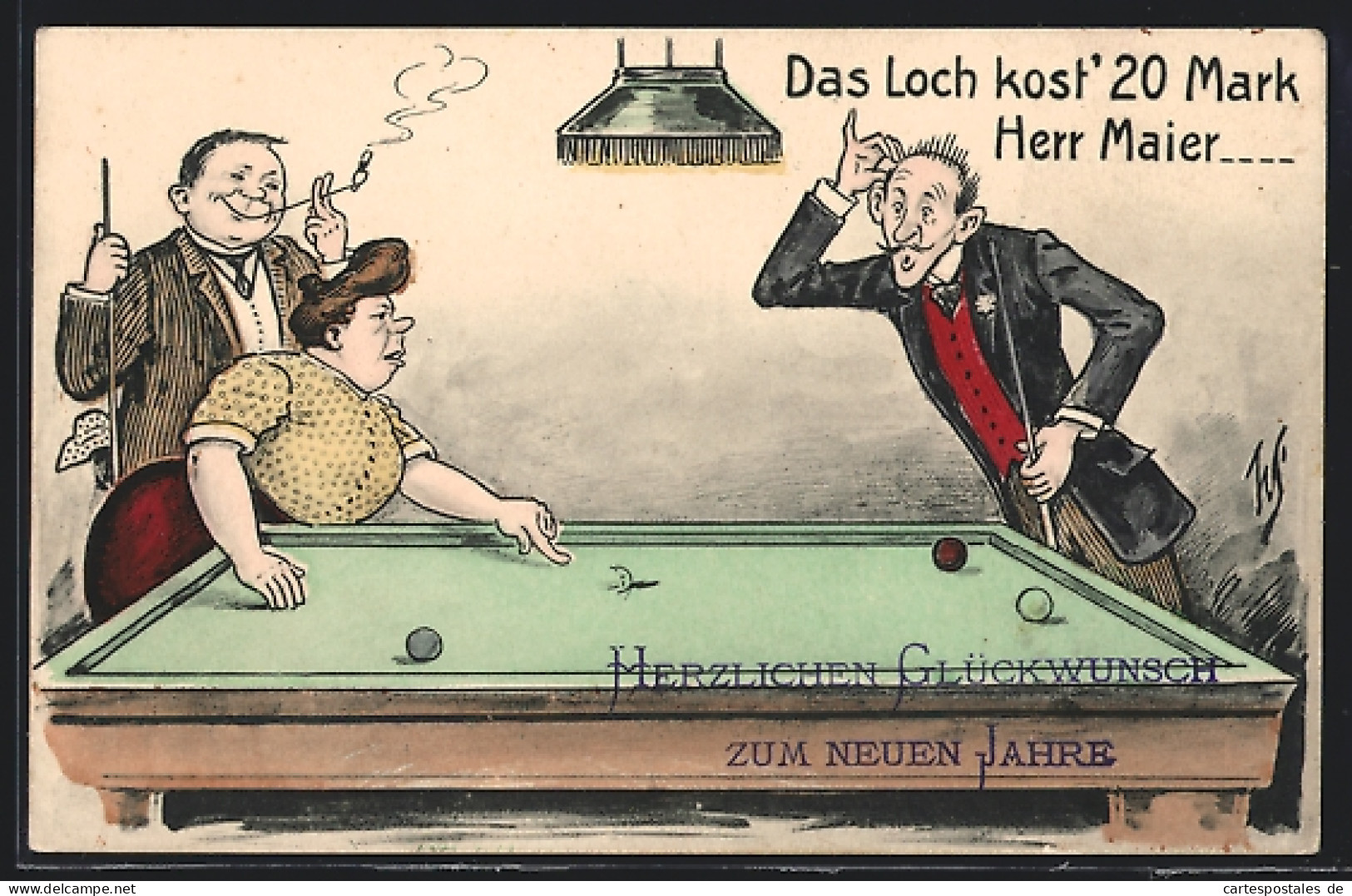 Künstler-AK Willi Scheuermann: Das Loch Kost` 20 Mark Herr Maier, Billiardspiel, Neujahrskarte  - Scheuermann, Willi