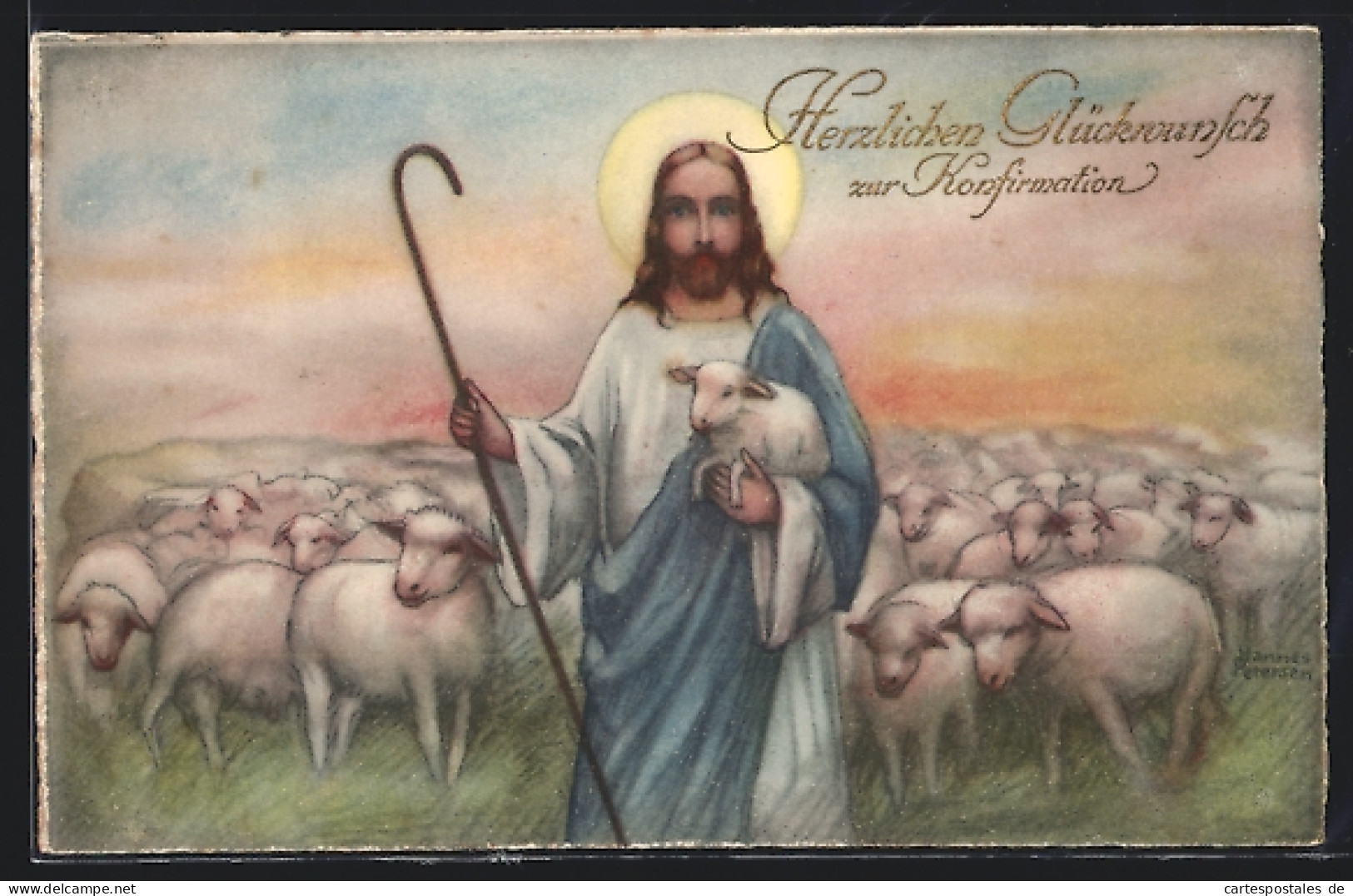 Künstler-AK Hannes Petersen: Konfirmationskarte, Jesus Mit Hirtenstab, Schafherde Und Heiligenschein  - Petersen, Hannes