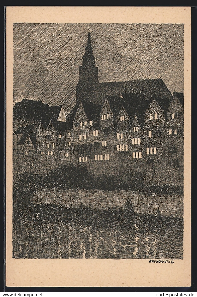 Künstler-AK Tübingen, Blick Zur Stiftkirche Bei Nacht  - Tübingen