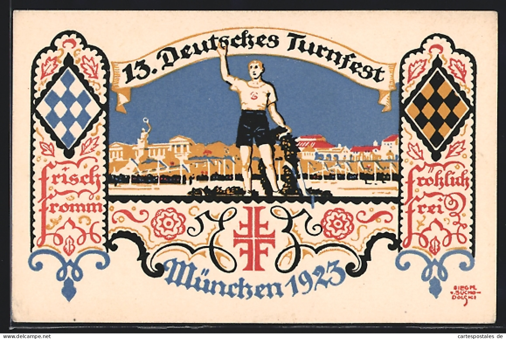 Künstler-AK München, 13. Deutsches Turnfest 1923, Turner Vor Stadtsilhouette  - Other & Unclassified