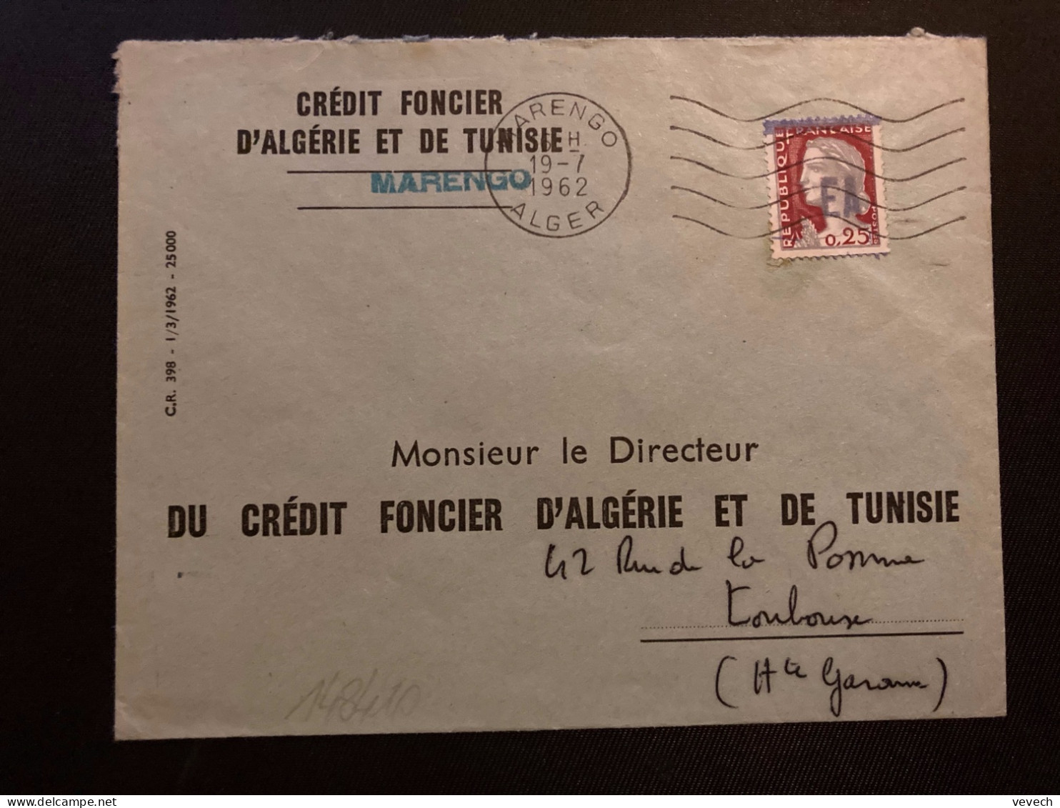 LETTRE CREDIT FONCIER D'ALGERIE ET DE TUNISIE TP M DE DECARIS 0,25 Surch.EA OBL.MEC.19-7 1962 MARENGO ALGER - Storia Postale