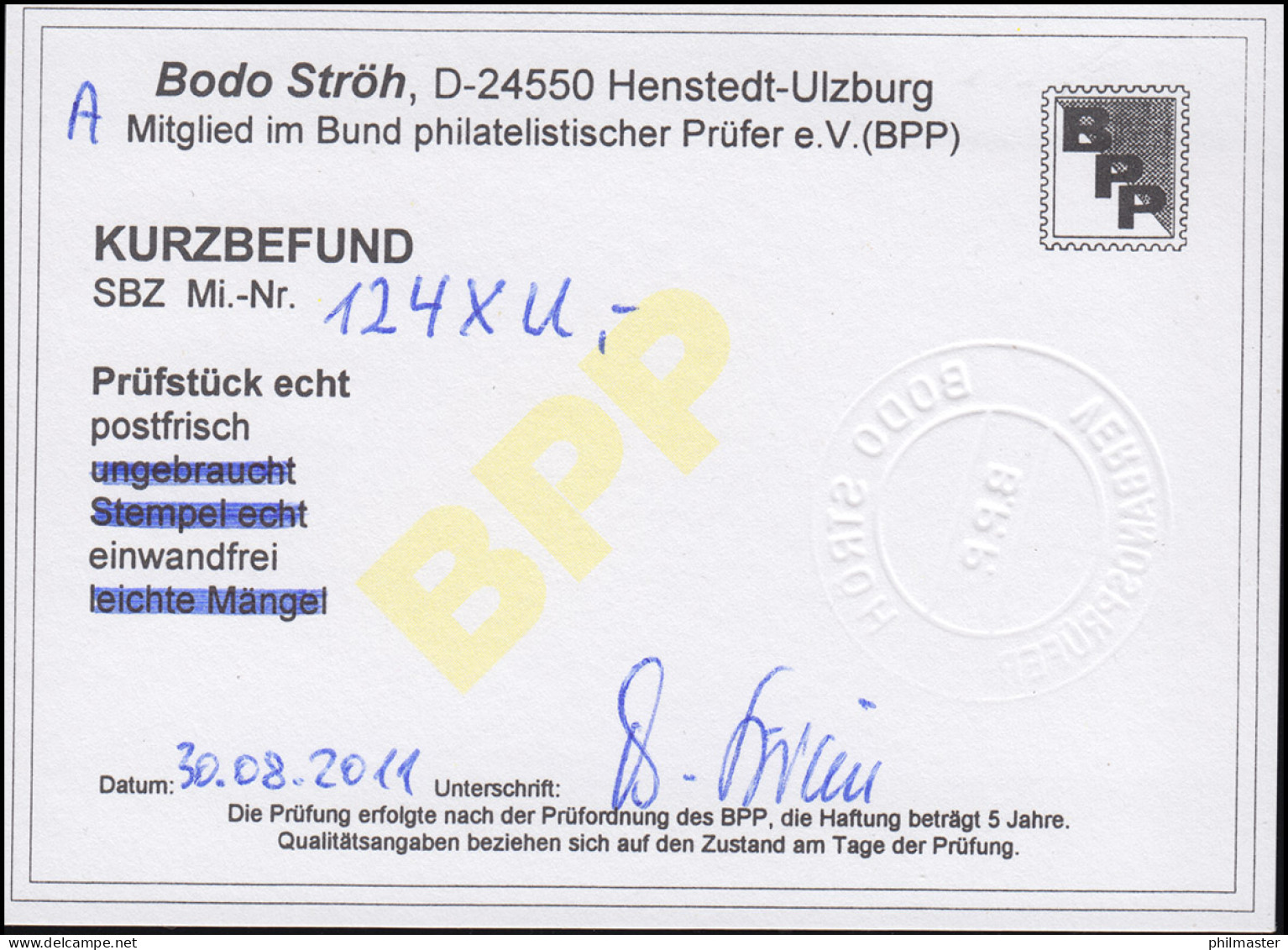 124XU Musterschau 6 Pf. Ungezähnt, Postfrisch ** Befund Ströh BPP - Mint