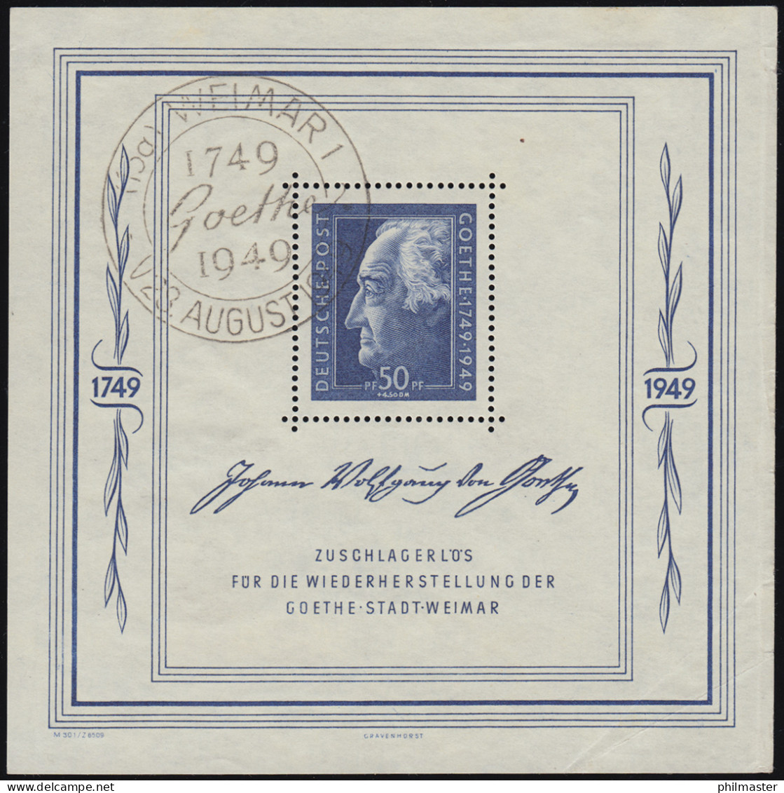 Block 6 Goethe 1949 Mit Sonderstempel Weimar 28.8.1949, Randmängel Rechts - Usados