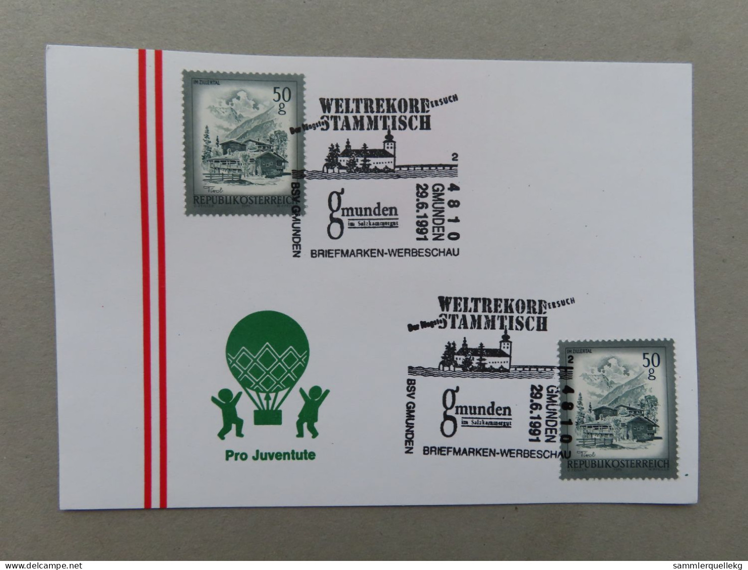 Österreich Pro Juventute - Mit Sonderstempel 29. 6. 1991 Gmunden, Weltrekord Versuch Der Längste Stammtisch (Nr.908) - Sonstige & Ohne Zuordnung