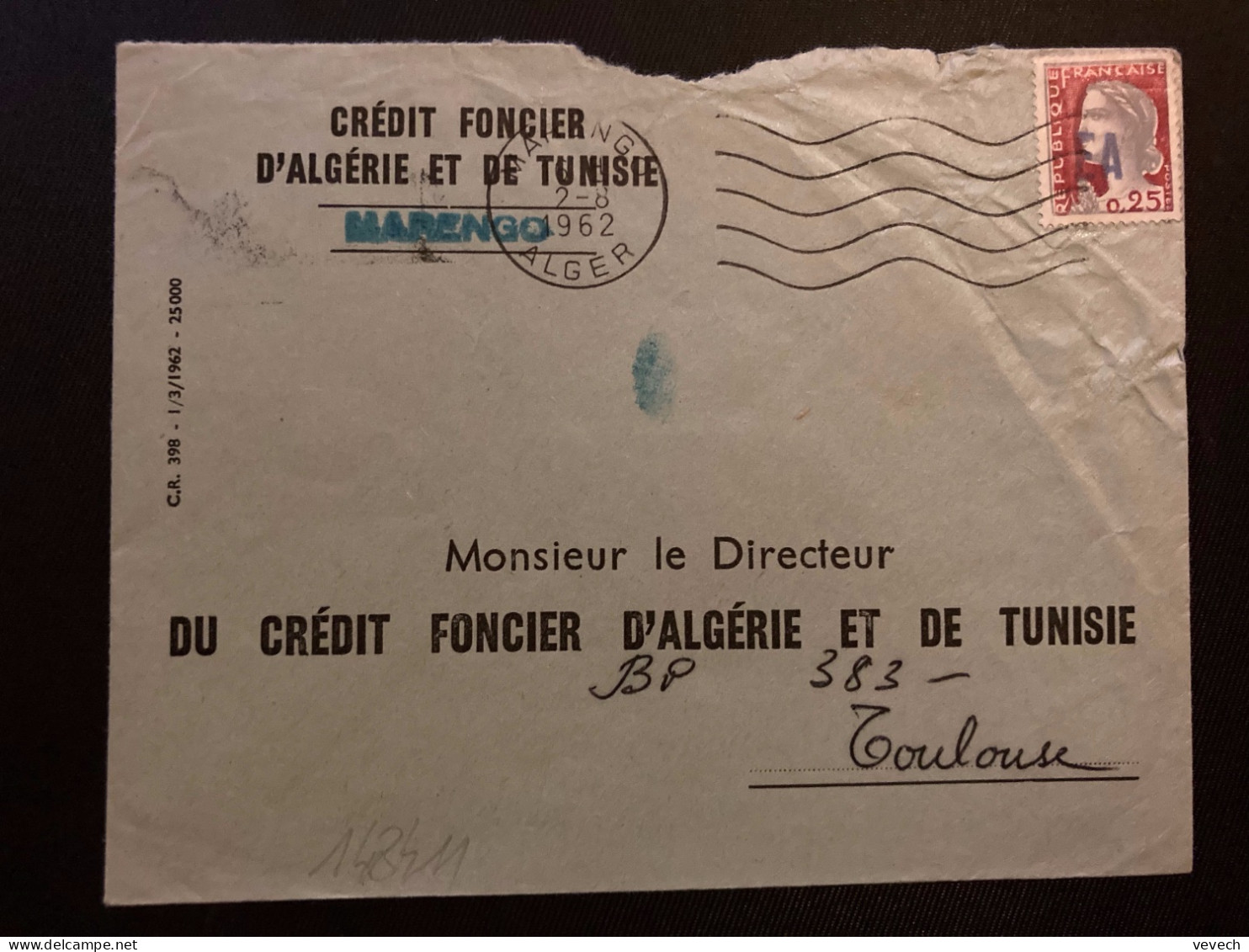 LETTRE CREDIT FONCIER D'ALGERIE ET DE TUNISIE TP M DE DECARIS 0,25 Surch.EA OBL.MEC.2-8 1962 MARENGO ALGER - Lettres & Documents