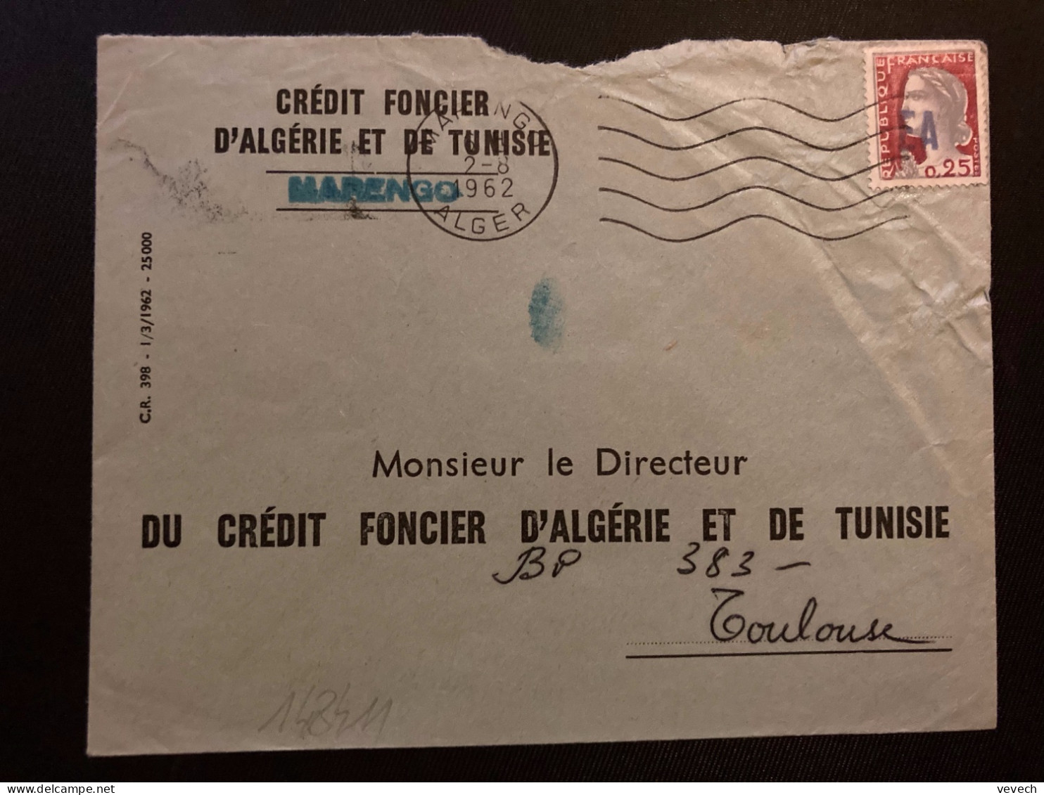 LETTRE CREDIT FONCIER D'ALGERIE ET DE TUNISIE TP M DE DECARIS 0,25 Surch.EA OBL.MEC.2-8 1962 MARENGO ALGER - Brieven En Documenten