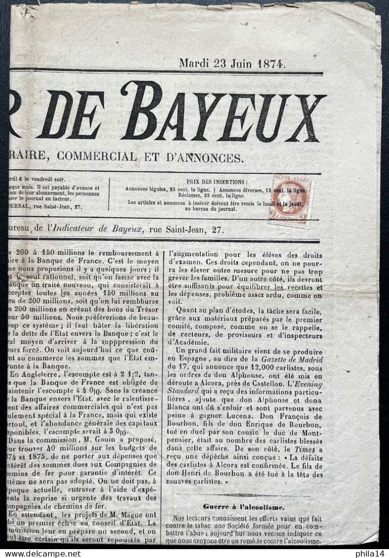 N°51 2c CERES SUR JOURNAL L'INDICATEUR DE BAYEUX / ANNULATION TYPOGRAPHIQUE / 23 JUIN 1874 / N°50 - 1849-1876: Classic Period