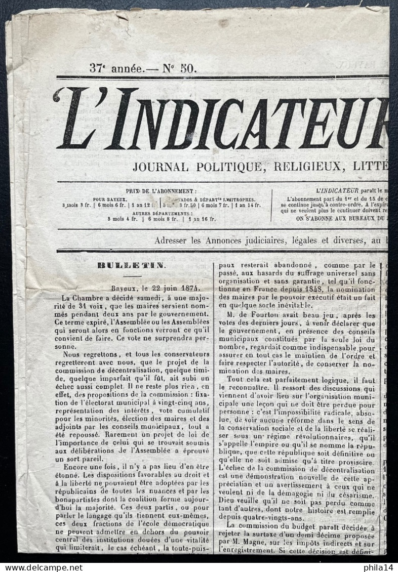 N°51 2c CERES SUR JOURNAL L'INDICATEUR DE BAYEUX / ANNULATION TYPOGRAPHIQUE / 23 JUIN 1874 / N°50 - 1849-1876: Classic Period