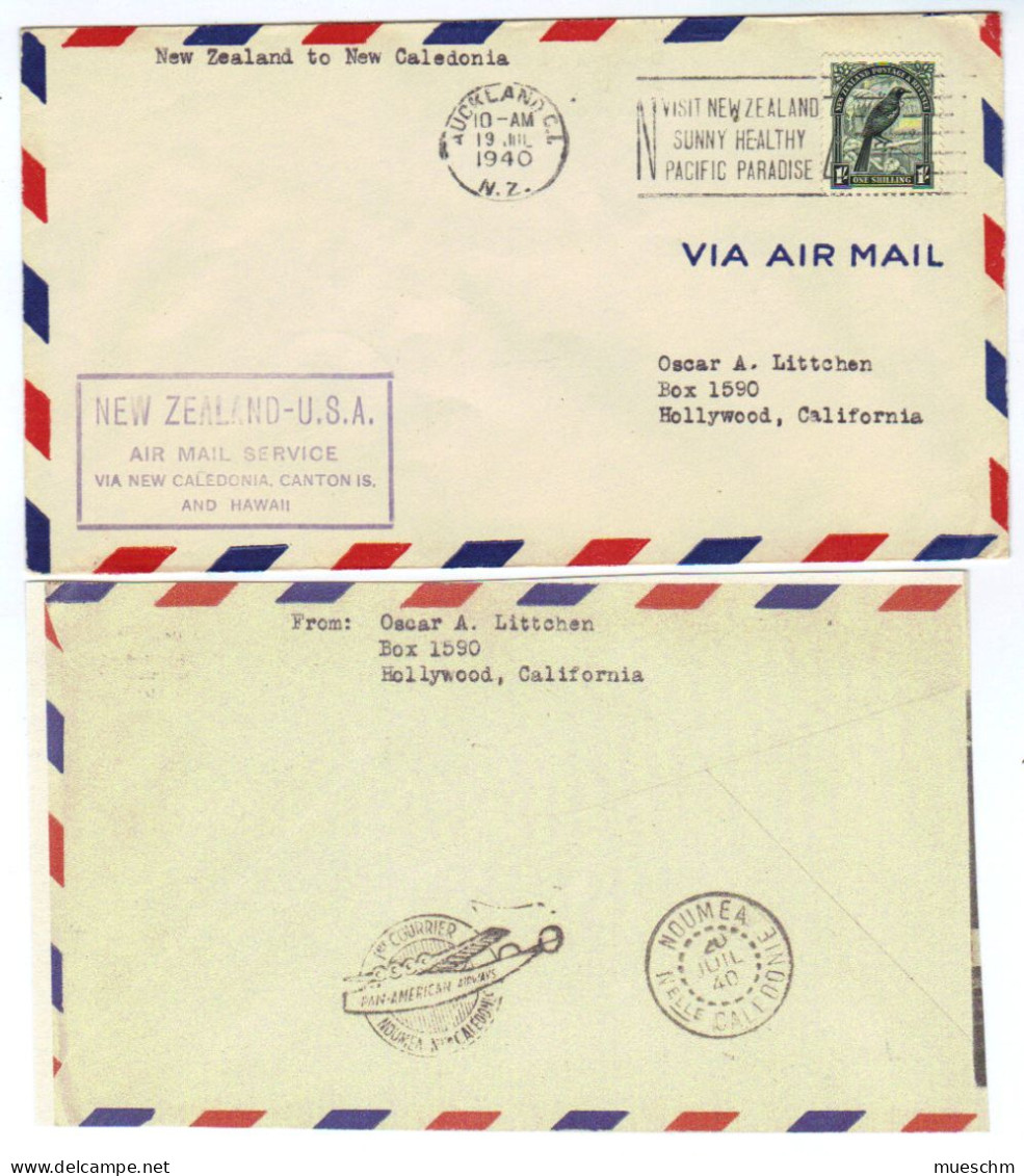 New Zealand, 1940, Briefkuvert Nach Hollywood; Rückseitig.Stempel "Pan-American Airways - 1erCourier - Noumea(10118W) - Airmail