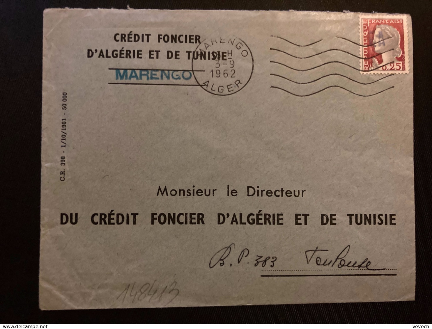 LETTRE CREDIT FONCIER D'ALGERIE ET DE TUNISIE TP M DE DECARIS 0,25 Surch.EA OBL.MEC.3-9 1962 MARENGO ALGER - Covers & Documents