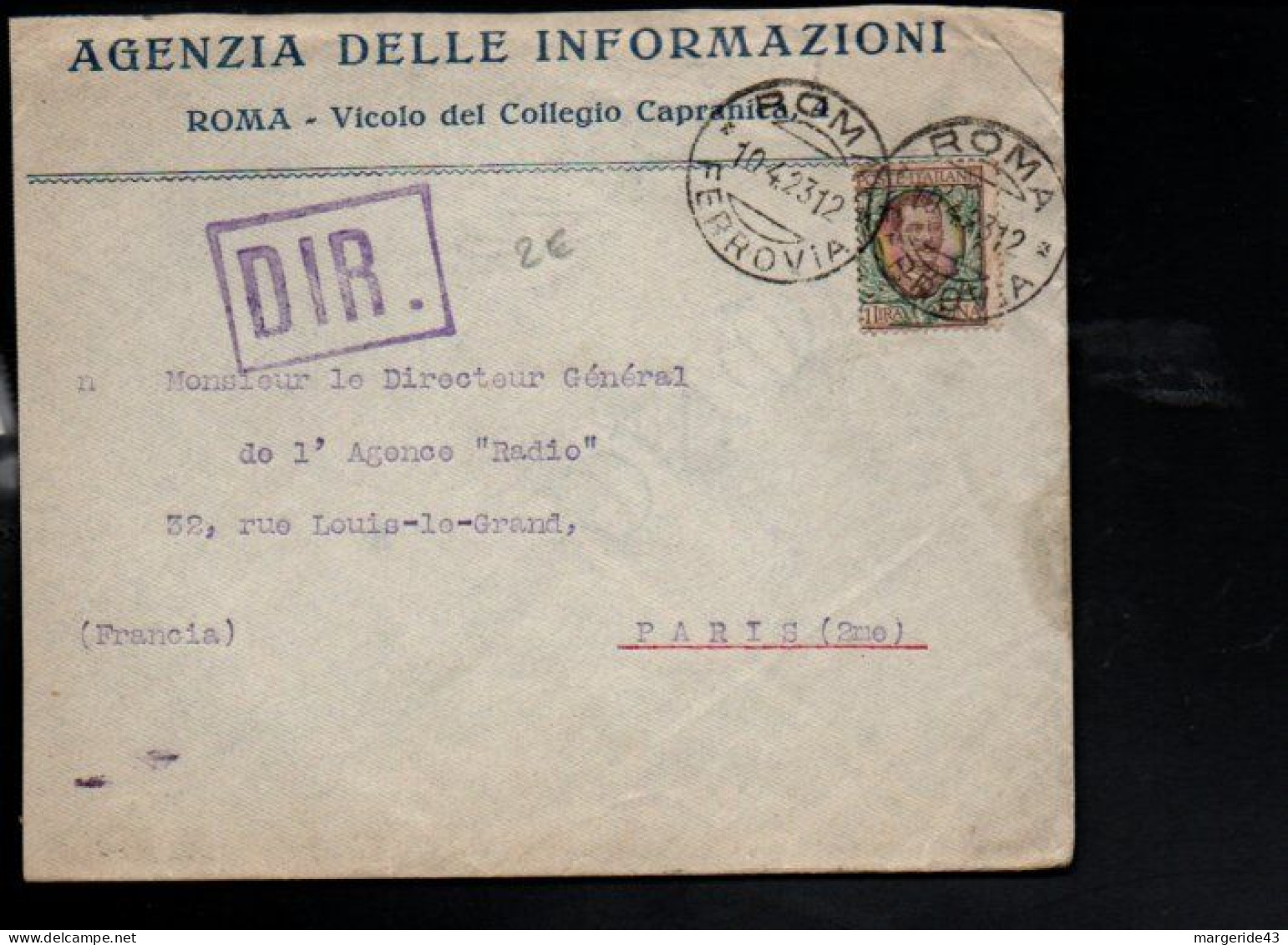 ITALIE SEUL SUR LETTRE A EN TETE DE ROME POUR LA FRANCE 1923 - Marcophilia