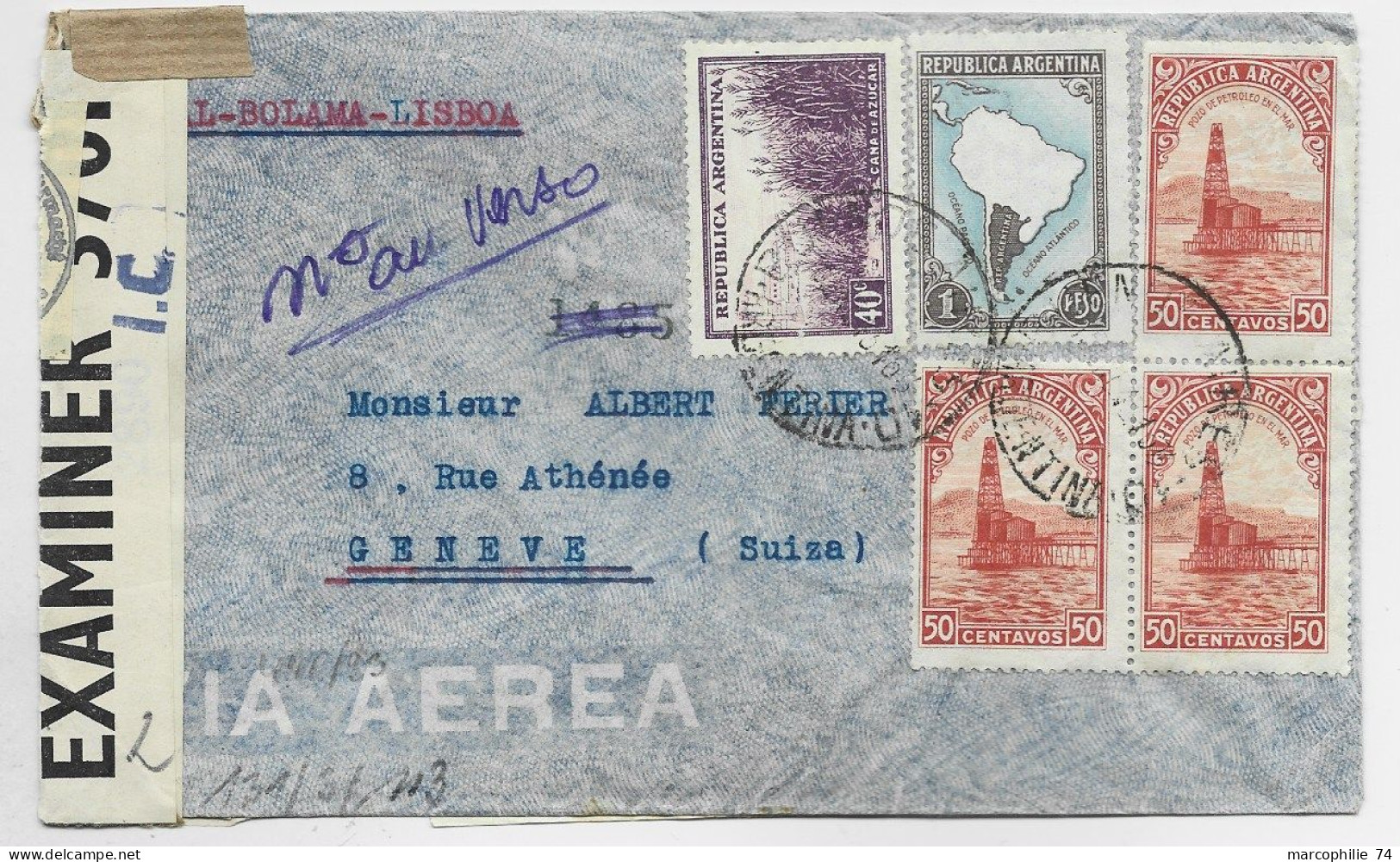 ARGENTINA DIVERS LETTRE COVER PELLIGRINI REC AVION 1943 TO GENEVE SUISSE CENSURE NAZI - Briefe U. Dokumente