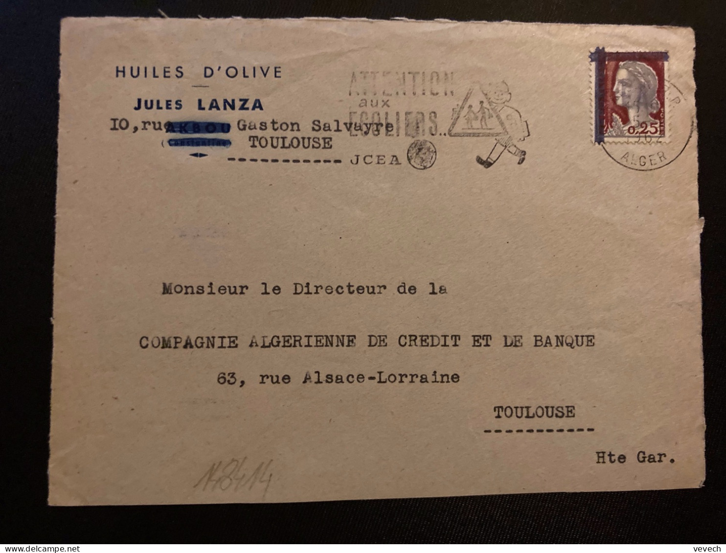 DEVANT HUILES D'OLIVE JULES LANZA TP M DE DECARIS 0,25 Surch.EA OBL.MEC.5-9 1962 ALGER RP - Storia Postale