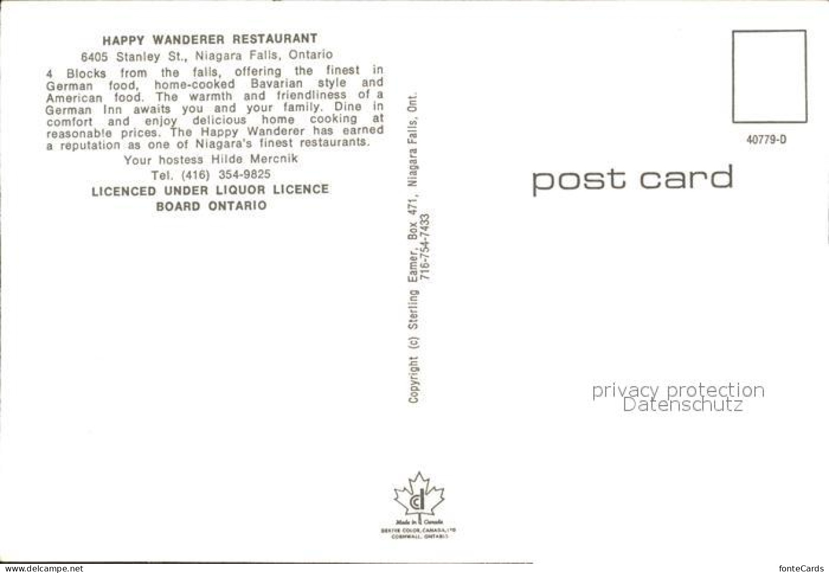 72425296 Ontario Canada Sankt Stanley Happy Wanderer Restaurant Ontario Canada - Non Classificati