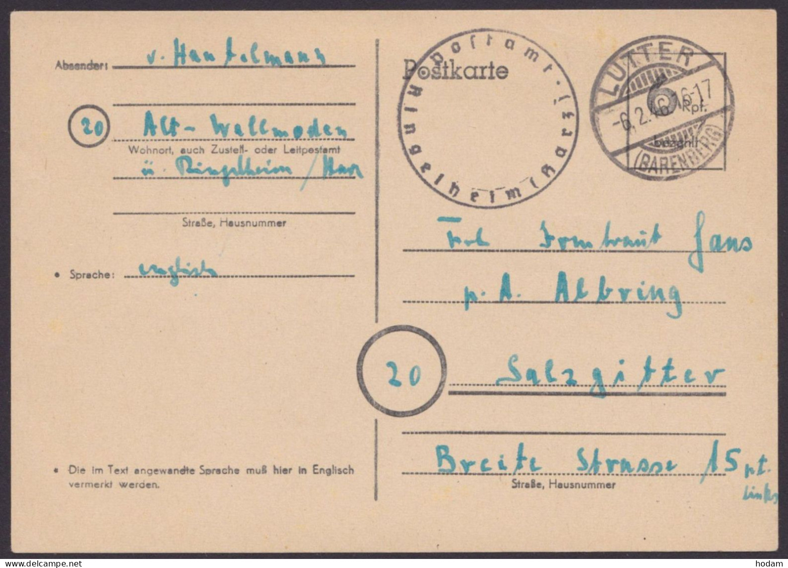 Ringelheim: P671, O, Bedarfskarte Mit Dienstsiegel, Abgang "Lutter" 6.2.46 - Covers & Documents