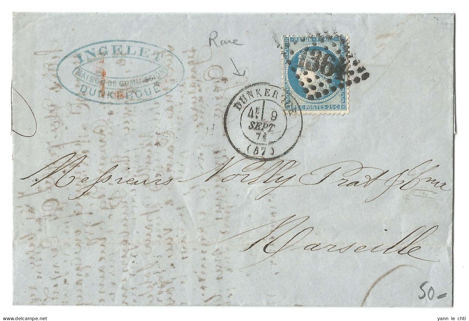 1871 Ingelet Maison De Commission Dunkerque 59 Nord Vers Noilly Prat Vermouth Marseille 13 Losange 1364 CAD Rare - 1871-1875 Cérès