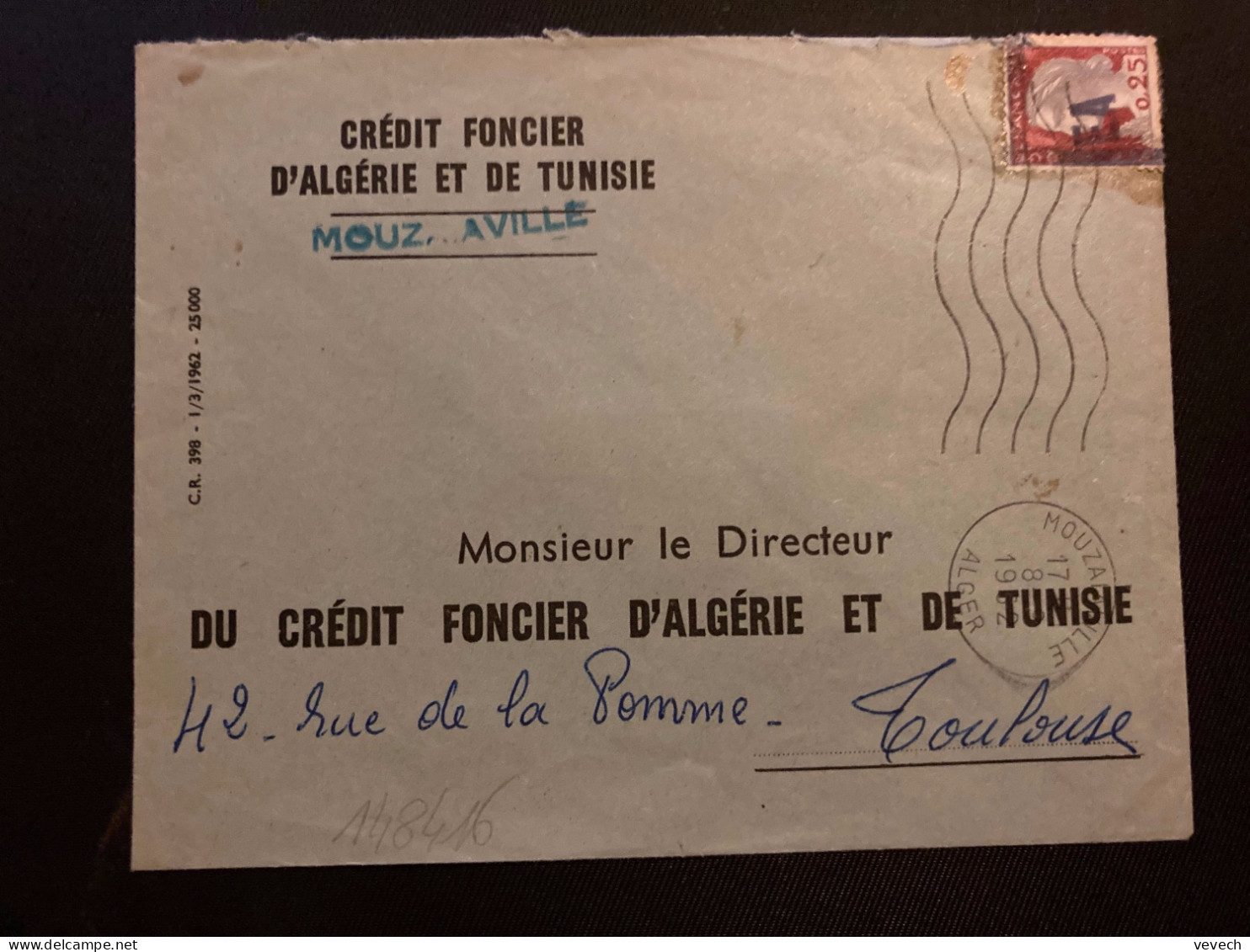 LETTRE TP M DE DECARIS 0,25 Surch.EA OBL.MEC.8-9 1962 MOUZAIAVILLE ALGER - Lettres & Documents