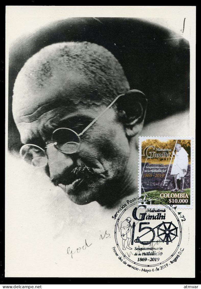 COLOMBIA (2019) Carte Maximum Card Sesquicentenario Natalicio Mahatma GANDHI, Mohandas Karamchand, Peace March - Kolumbien