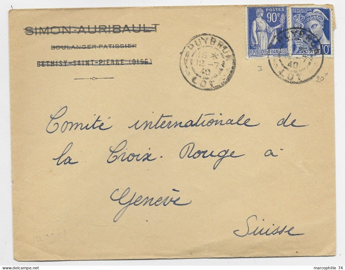 FRANCE PAIX MERCURE LETTRE CACHET FORTUNE PUYBRUN 12.7.1940 LOT POUR CROIX ROUGE GENEVE - Guerra De 1939-45