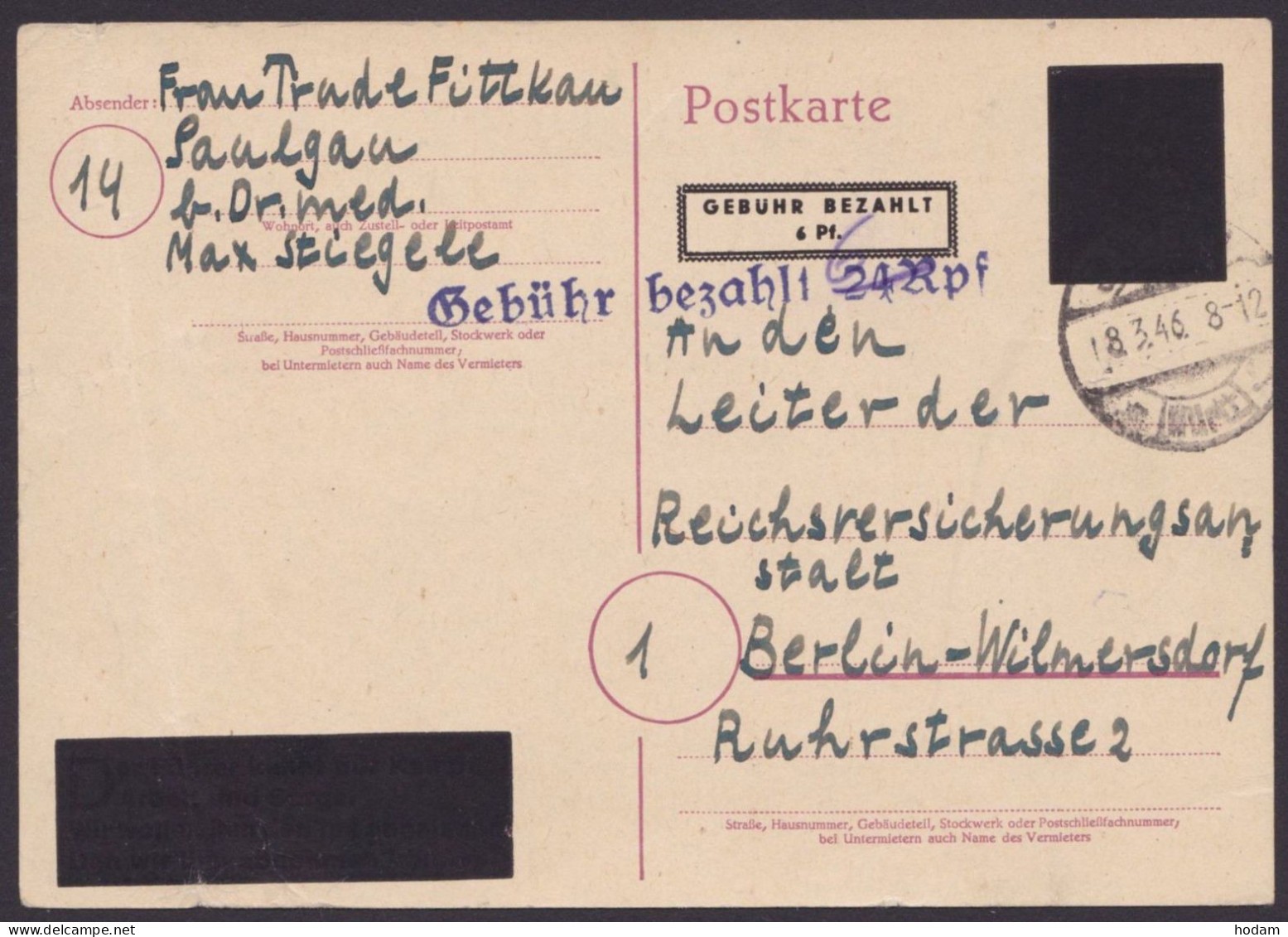 Saulgau: PE 814, O, Bedarf Mit L1 "Gebühr Bezahlt 24 Rpf", Handschr. Geändert In "6", 18.3.46, Selten - Covers & Documents