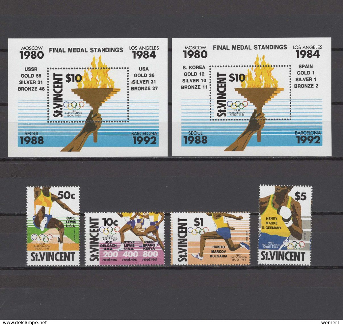 St. Vincent 1990 Olympic Games Seoul, Athletics, Boxing Set Of 4 + 2 S/s With Winners Overprint MNH - Ete 1988: Séoul