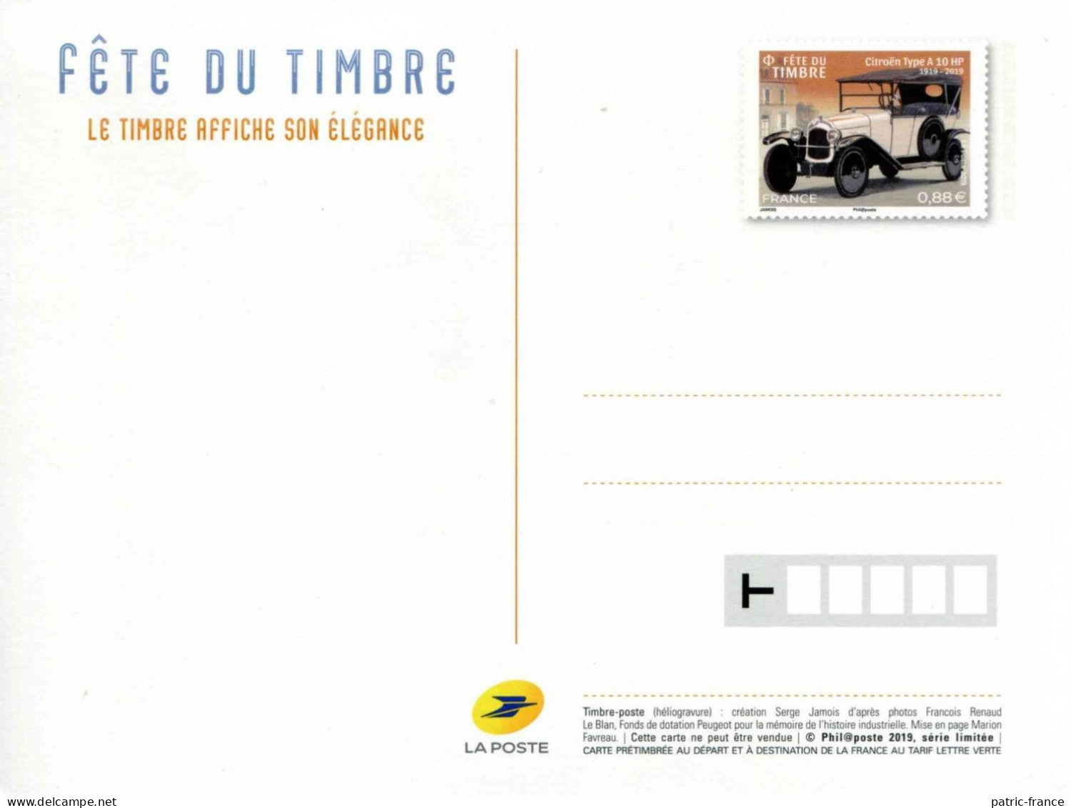 France 2019 - Entier Postal Neuf Fête Du Timbre Le Timbre Affiche Son élégance - Citroën Type A 10HP - Autres & Non Classés