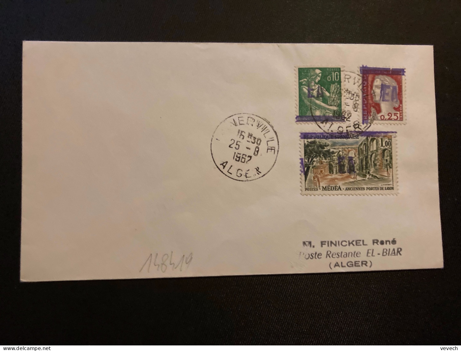 LETTRE TP M DE DECARIS 0,25 + PAYSANNE 0,10 + MEDEA 1,00 Surch.EA OBL.25-8 1962 MENERVILLE ALGER - Storia Postale