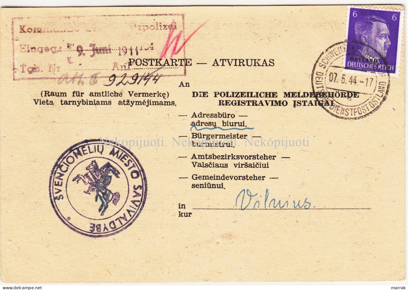 Švenčionėliai, Švenčionys, 1944 M. Registravimo Atvirukas, - Lituanie