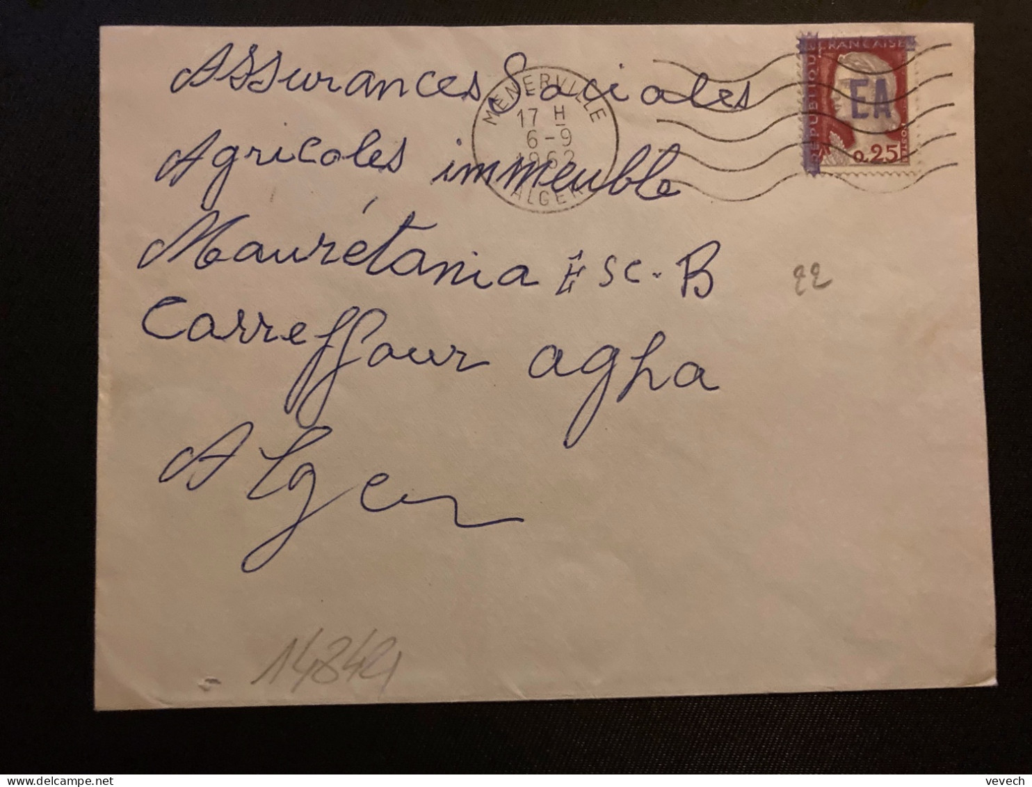 LETTRE TP M DE DECARIS 0,25 Surch.EA OBL.MEC.6-9 1962 MENERVILLE ALGER - Covers & Documents