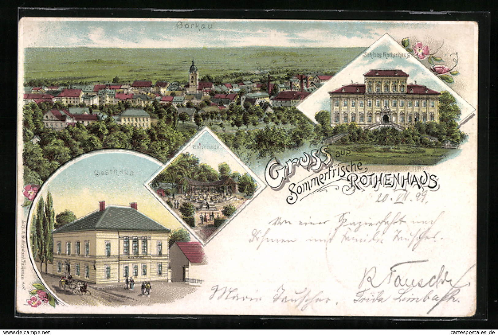 Lithographie Görkau, Gasthaus Rothenhaus, Schloss Und Colonnade  - Tchéquie