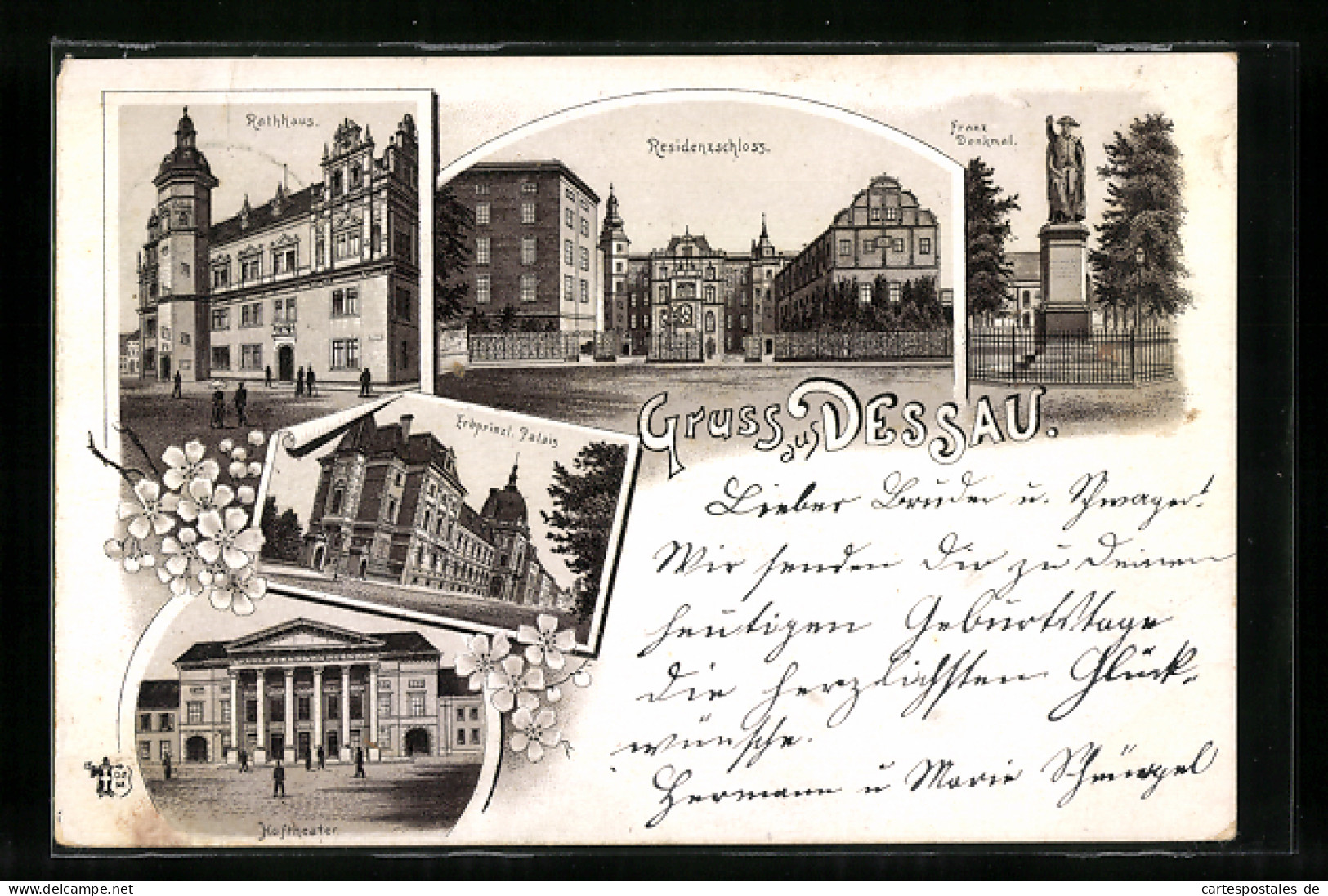 Vorläufer-Lithographie Dessau, 1894, Residenzschloss, Franz-Denkmal, Rathaus  - Dessau