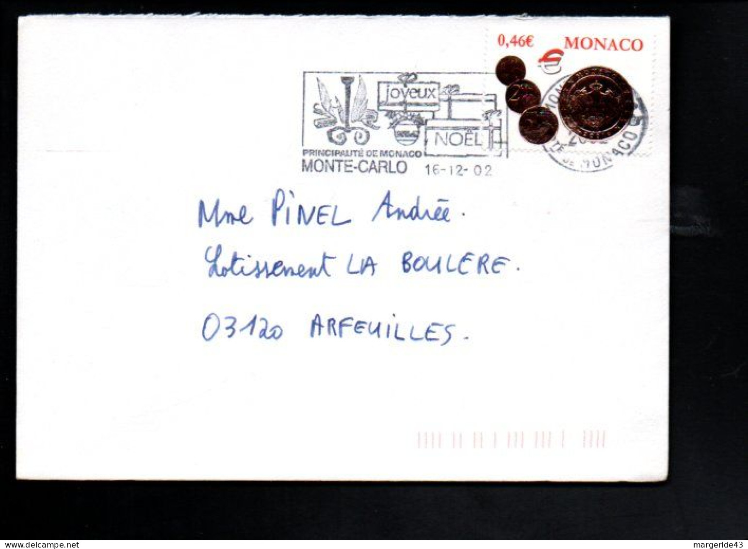 MONACO SEUL SUR LETTRE POUR LA FRANCE 2002 - Briefe U. Dokumente