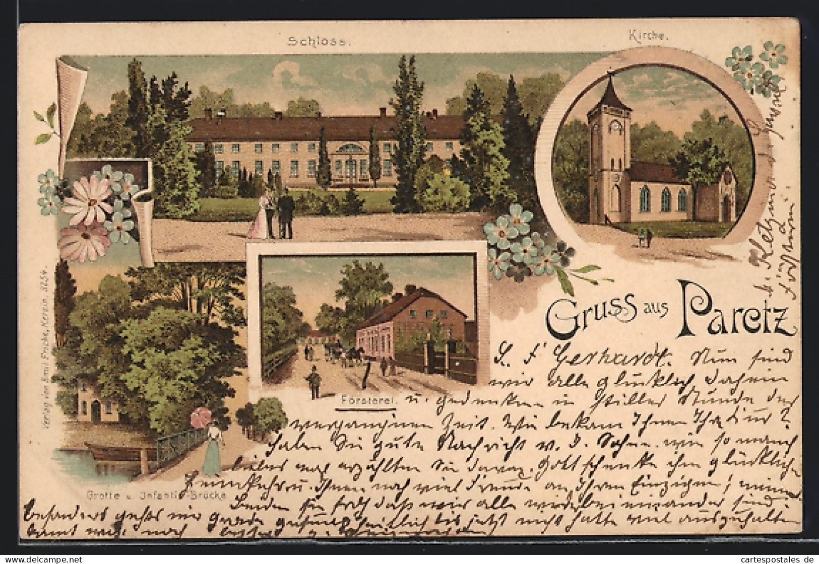 Lithographie Paretz, Grotte Mit Infantin-Brücke, Schloss Und Försterei  - Brück