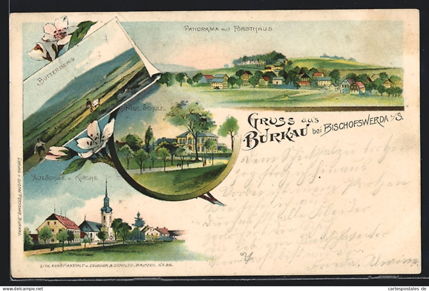 Lithographie Burkau Bei Bischofswerda, Alte Schule U. Kirche, Butterberg, Panorama Mit Forsthaus  - Jagd