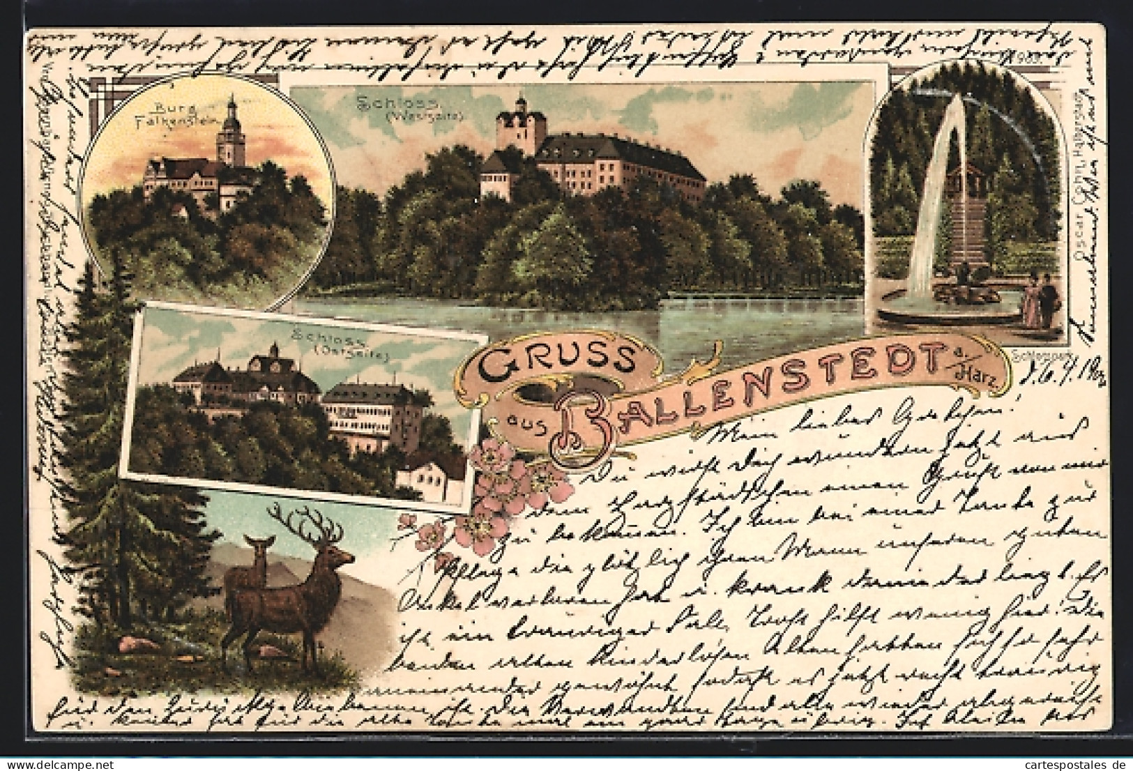 Lithographie Ballenstedt A. Harz, Burg Falkenstein, Schloss Und Schlosspark  - Ballenstedt