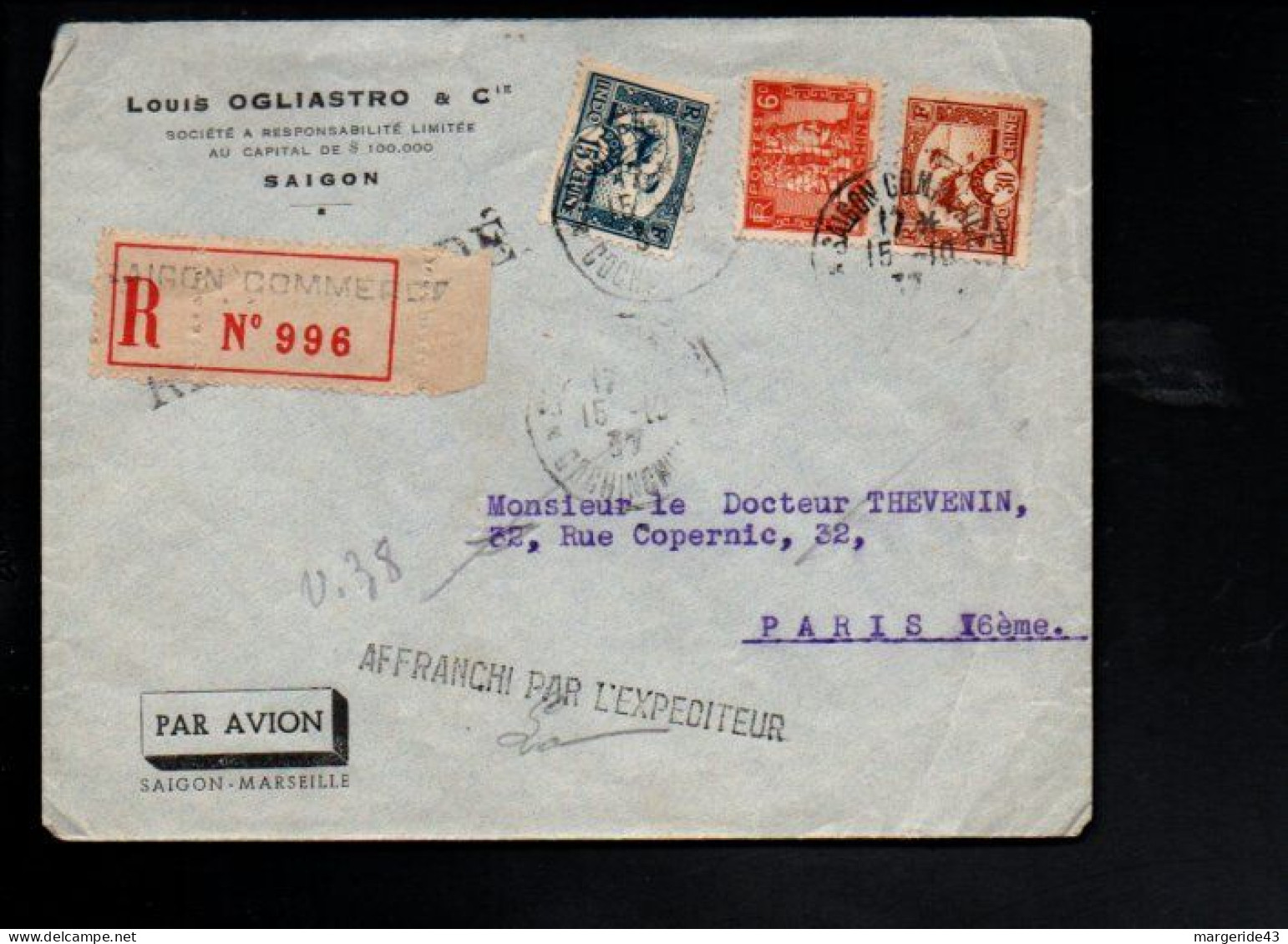 INDOCHINE AFFRANCHISSEMENT COMPOSE SUR LETTRE RECOMMANDEE DE SAIGON POUR LA FRANCE 1937 - Covers & Documents