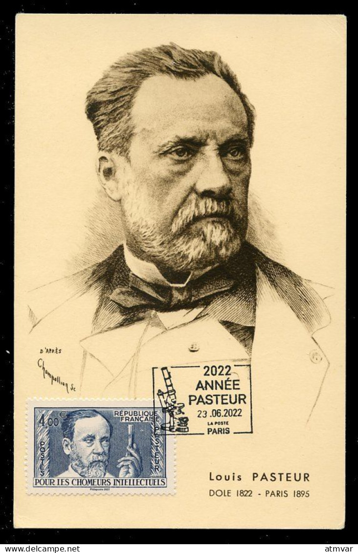 FRANCE (2022) Carte Maximum Card - Louis Pasteur, Année Pasteur, Pour Les Chômeurs Intellectuels, Microscope - 2020-…