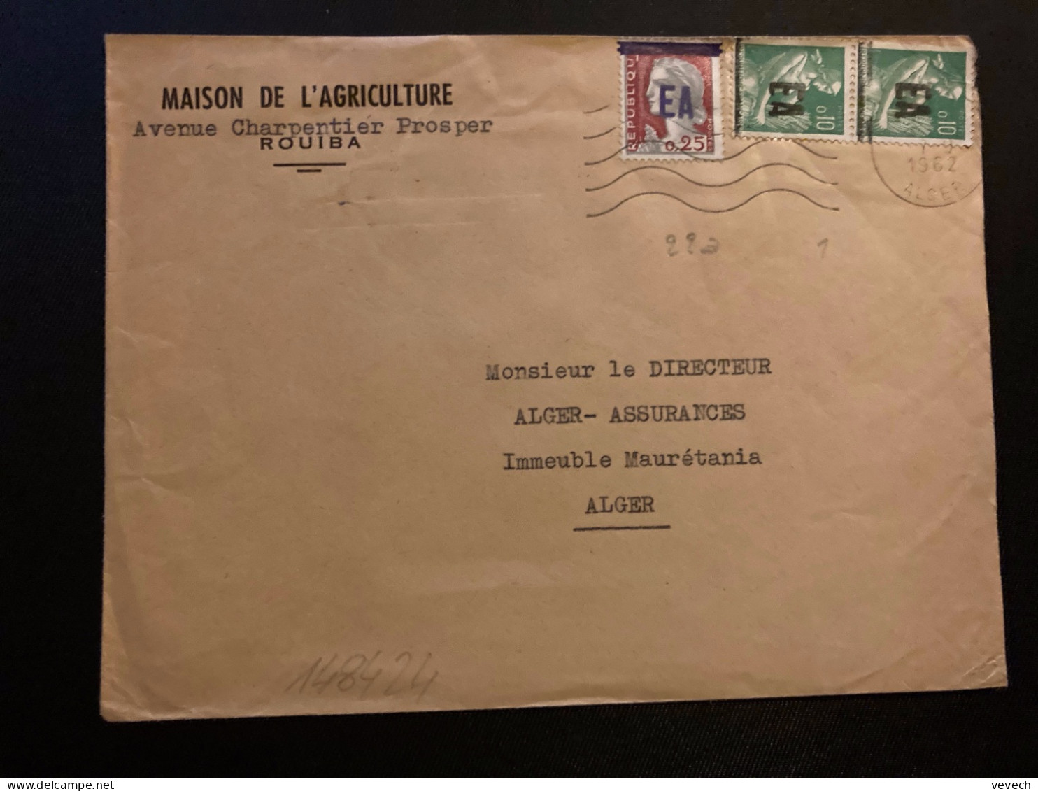 LETTRE MAISON DE L'AGRICULTURE TP M DE DECARIS 0,25 +PAYSANNE 0,10 Paire Surch.EA OBL.MEC.7-9 1962 ROUIBA ALGER - Storia Postale