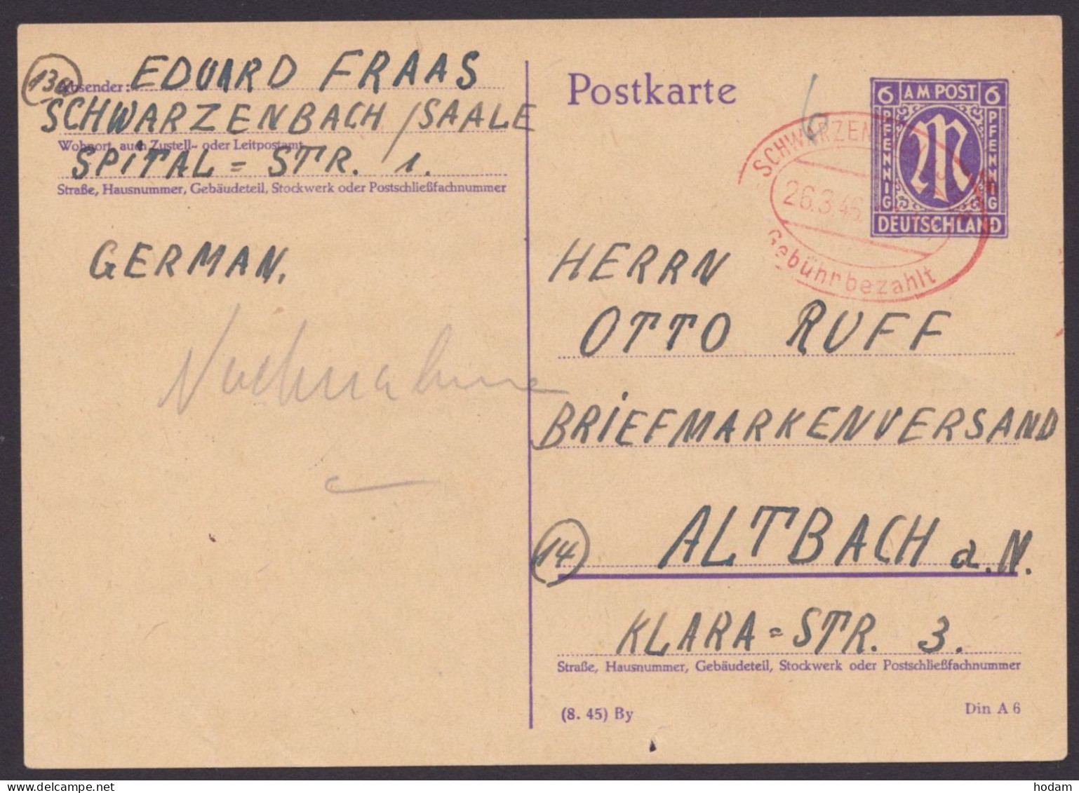 Schwarzenbach: P903, O, Rotes Oval "Gebühr Bezahlt", Handschr. "6", Bedarf, 28.3.46, Unten Kleiner Einriß - Storia Postale