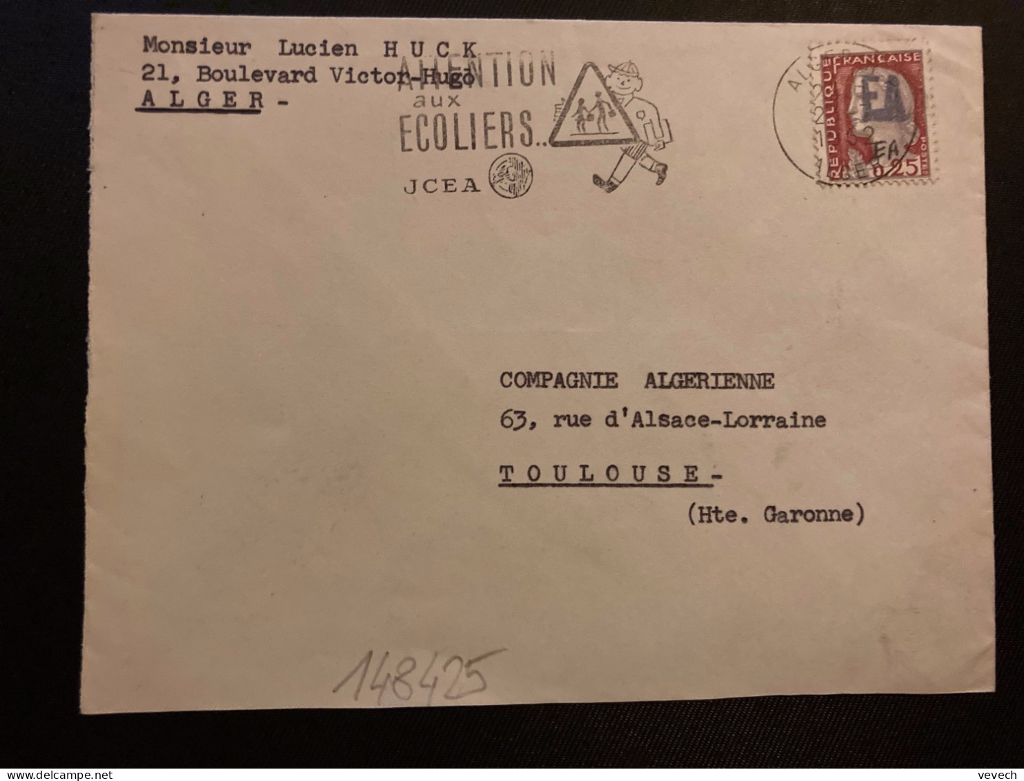 LETTRE Lucien HUCK TP M DE DECARIS 0,25  Surch.EA + MANUSCRIT EA OBL.MEC.23-7 1962 ALGER RP ALGER - Covers & Documents